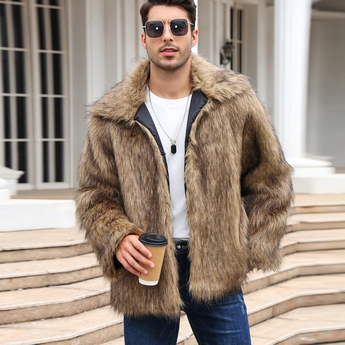 Men Faux Fox Fur Jacket Coat W - Thermal Long John incelemesi ve fiyatı